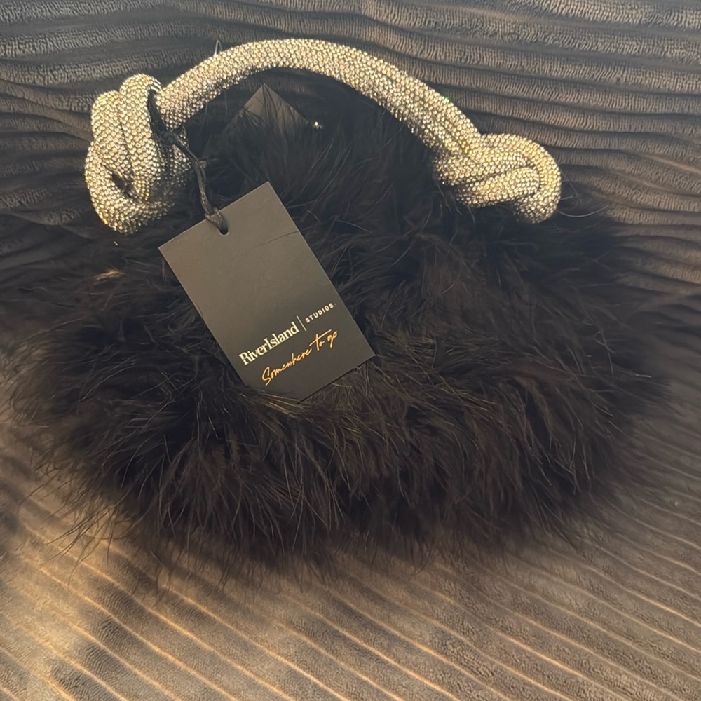 River Island black fur/diamond clutch w cross body chain